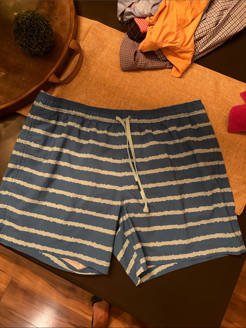 Southern Tide Blue and White Striped Swim Trunks